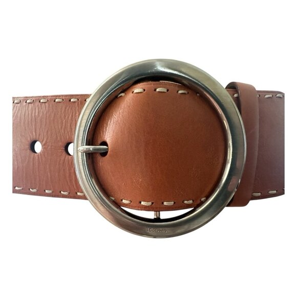 PRADA Belt Women 36 EU 90 Wide Leather Brass Round Buckle Hippie Statement Italy - Picture 6 of 16